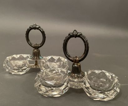 Deux salières doubles en cristal taillé,...