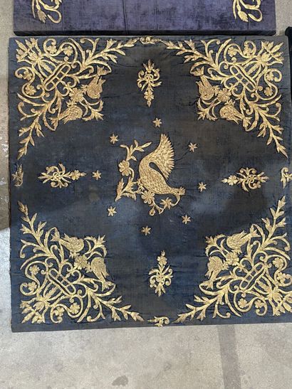 Four velvets embroidered with gold thread,...