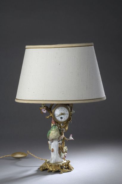 Lamp base with a Saxony porcelain bird, a...