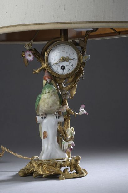 Lamp base with a Saxony porcelain bird, a...