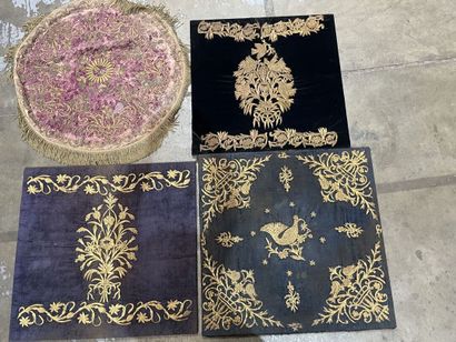 Four velvets embroidered with gold thread,...