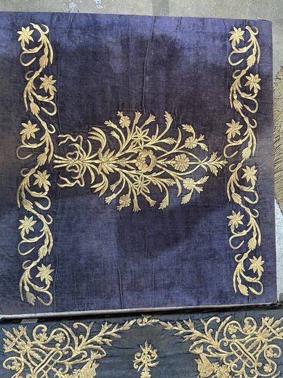 Four velvets embroidered with gold thread,...
