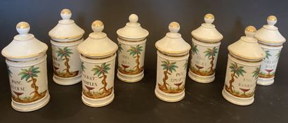Huit pots à pharmacie en porcelaine à décor...