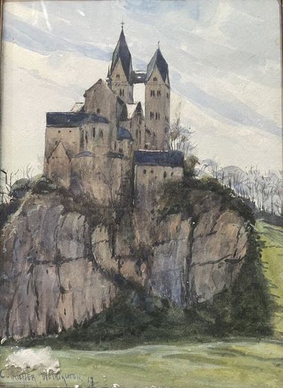 Lot de dessins et aquarelles dont :
-
