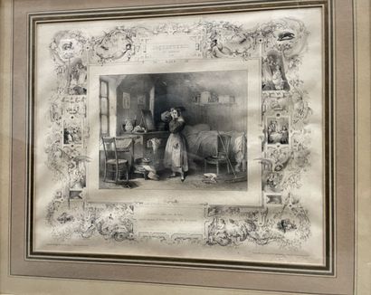 Lot de tableaux, dessins, gravures dont :
Louis...