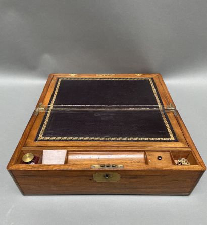Mahogany and brass travel writing case, the...