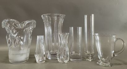 Six crystal and glass vases, one signed SCHNEIDER...