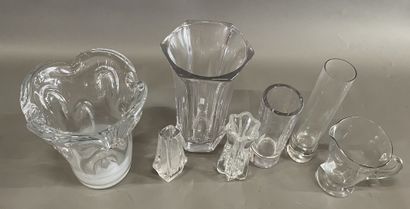 Six crystal and glass vases, one signed SCHNEIDER...