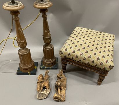 Lot of trinkets: Pair of candlesticks, stool...