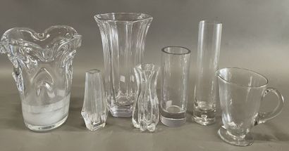 Six crystal and glass vases, one signed SCHNEIDER...
