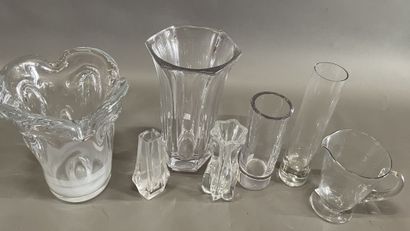 Six crystal and glass vases, one signed SCHNEIDER...