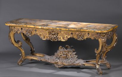 Large four-legged console table in molded,...