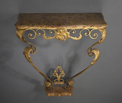 High console table in wrought or beaten and...