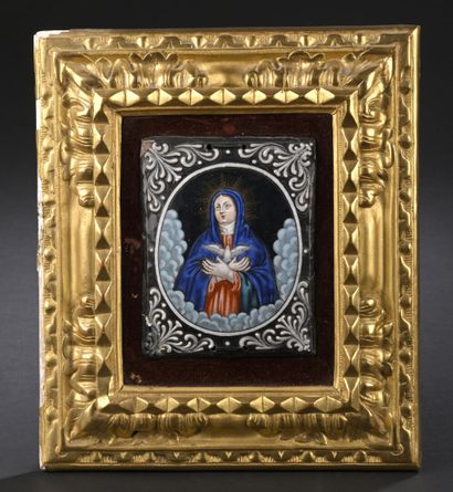 Oval polychrome enamel plate painted on copper...