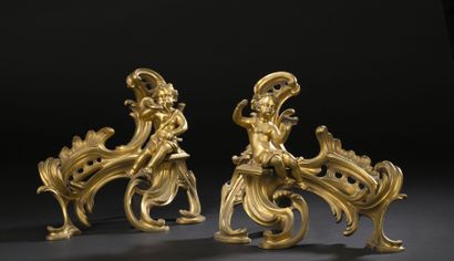 Pair of chased ormolu andirons in the form...