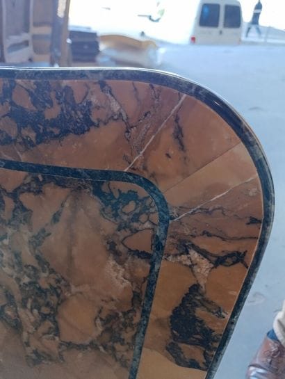 Large four-legged console table in molded,...