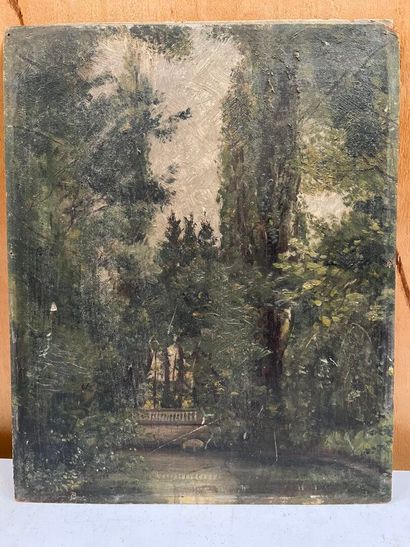 Pond in a Park
Oil on board, monogrammed...