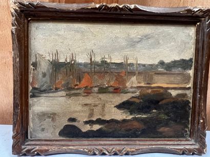 Modern school 
View of a port
Oil on board,...