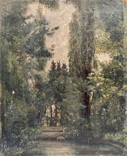 Pond in a Park
Oil on board, monogrammed...