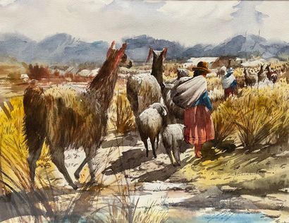 Peruvian school 
Shepherds in the Andes
Unsigned...