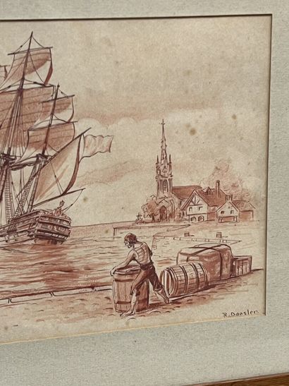 Lot of framed pieces: 
- École moderne, Bateaux...