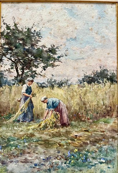 Marie-Désiré BOURGOIN (1839-1912) 
Haymaking
Watercolor...