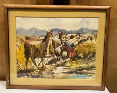 Peruvian school 
Shepherds in the Andes
Unsigned...