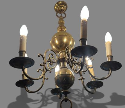 Small Dutch brass chandelier with six scrolled...