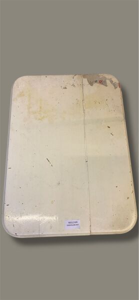 White stained wood tea table with one shelf.
Damage...
