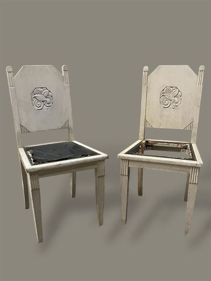Pair of cream stained wood chairs. 
Damage....