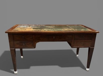 Mahogany veneered flat desk, with four drawers...