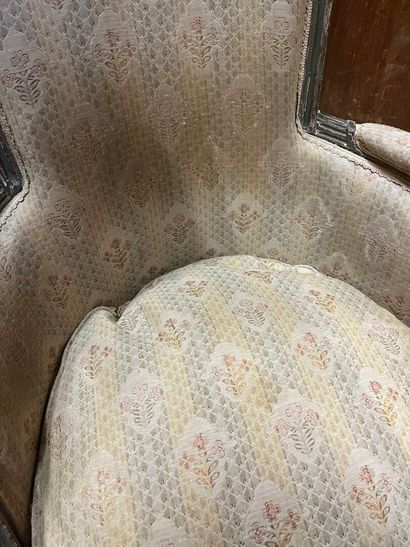 Grey relacquered wood Bergère with basket-handle...