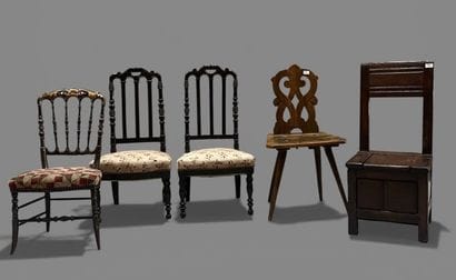 Set of five chairs including:
- Two stained...