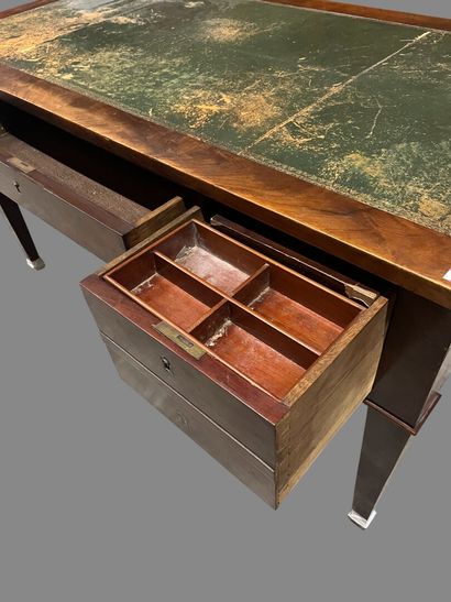 Mahogany veneered flat desk, with four drawers...