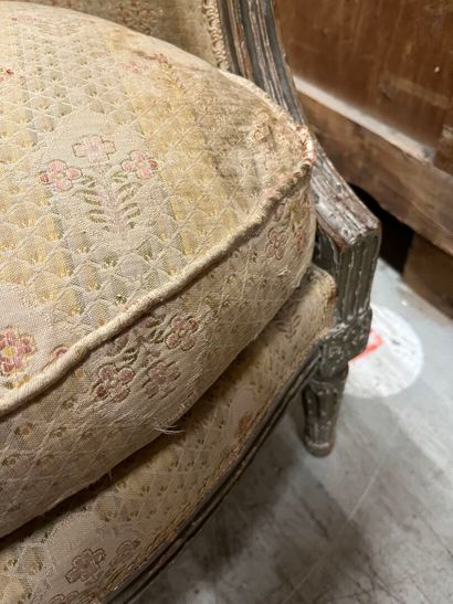 Grey relacquered wood Bergère with basket-handle...