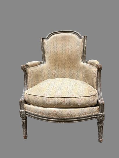 Grey relacquered wood Bergère with basket-handle...