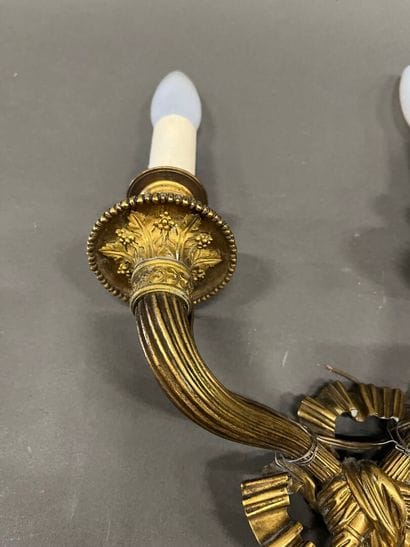 Pair of two-light ormolu sconces, the shafts...