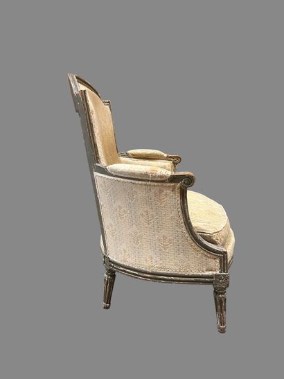 Grey relacquered wood Bergère with basket-handle...
