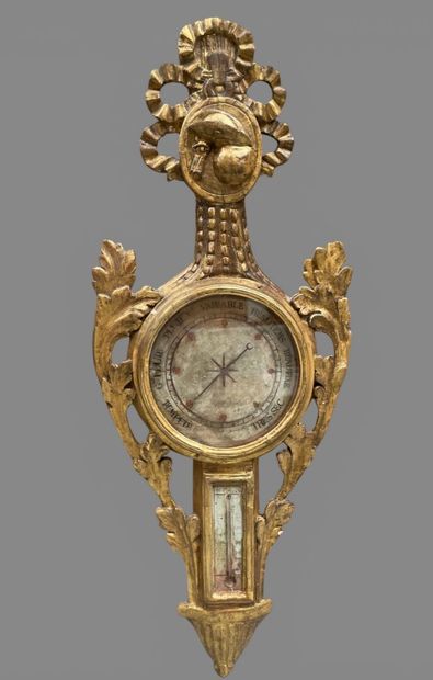 Baromètre thermomètre en bois sculpté et...