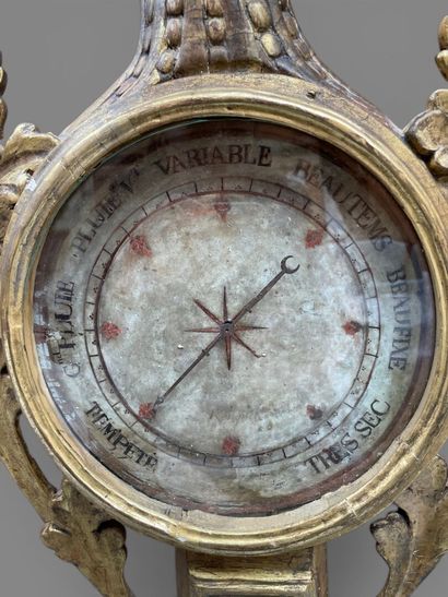 Baromètre thermomètre en bois sculpté et...