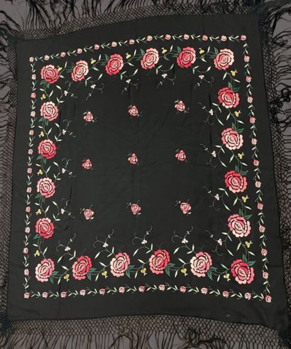 Russian-inspired black silk shawl embroidered...