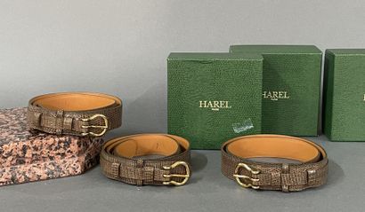 HAREL Paris 
Set of three brown lizard-skin...