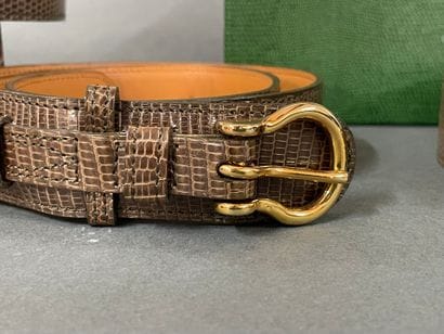 HAREL Paris 
Set of three brown lizard-skin...