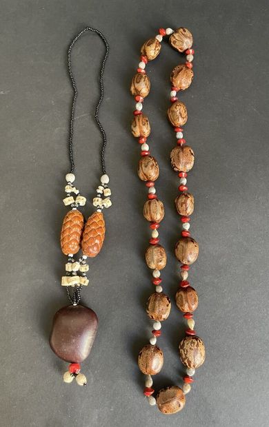 Two necklaces made of walnut beads, semi-precious...