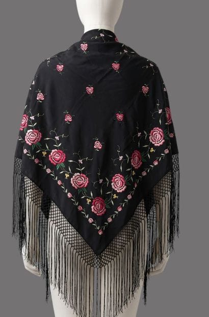 Russian-inspired black silk shawl embroidered...