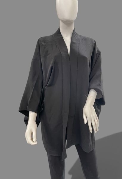 Black silk kimono with a hand-painted floral...