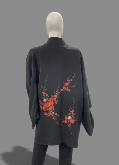 Black silk kimono with a hand-painted floral...