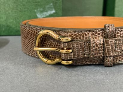 HAREL Paris 
Set of three brown lizard-skin...