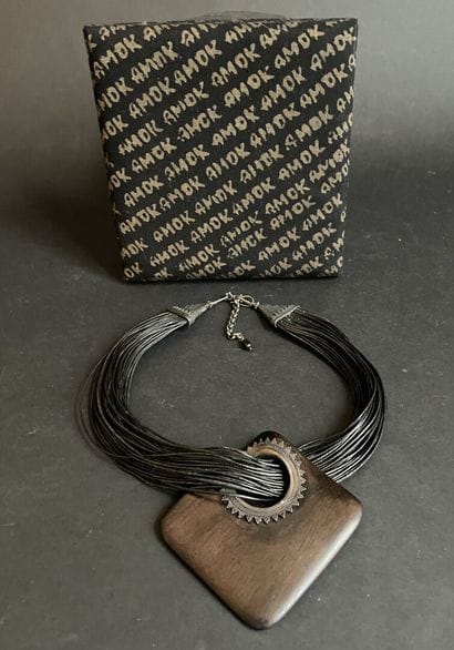 AMOK
Necklace in ebony, aged silver and leather...
