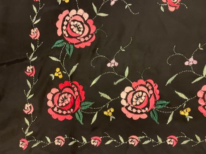 Russian-inspired black silk shawl embroidered...